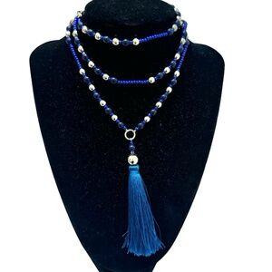 J. CREW BLUE AND GOLD BEADED NECKLACE WITH BLUE TASSEL - NWOT